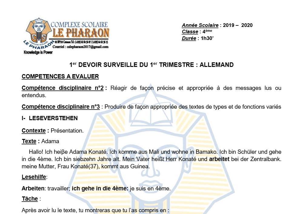 Aperçu de la première page — 4e Allemand 1er Devoir 1er Trimestre CS Le Pharaon 2019 2020