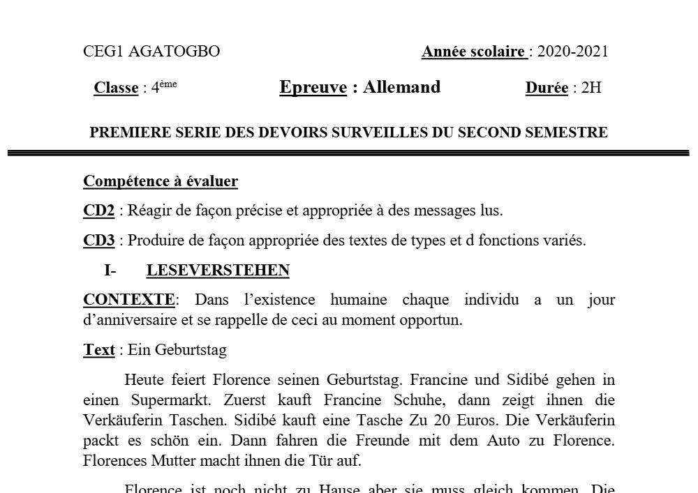 Aperçu de la première page — 4e Allemand 1er Devoir 2ème Semestre CEG1 Agatogbo 2020 2021