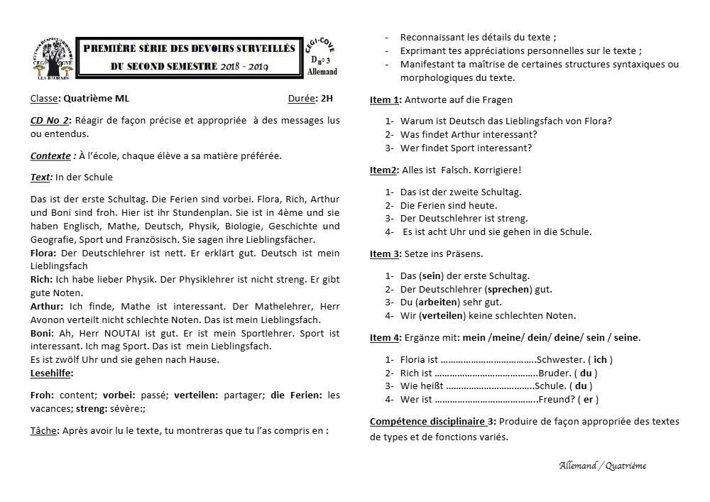 Aperçu de la première page — 4e Allemand 1er Devoir 2ème Semestre CEG1 Cove 2018 2019