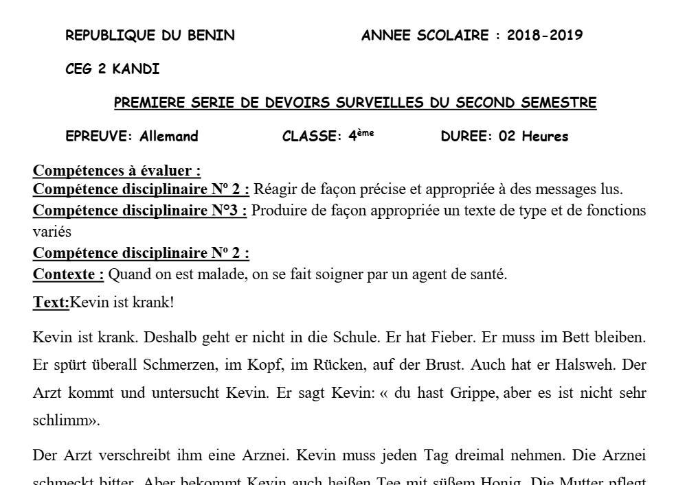 Aperçu de la première page — 4e Allemand 1er Devoir 2ème Semestre CEG2 Kandi 2018 2019