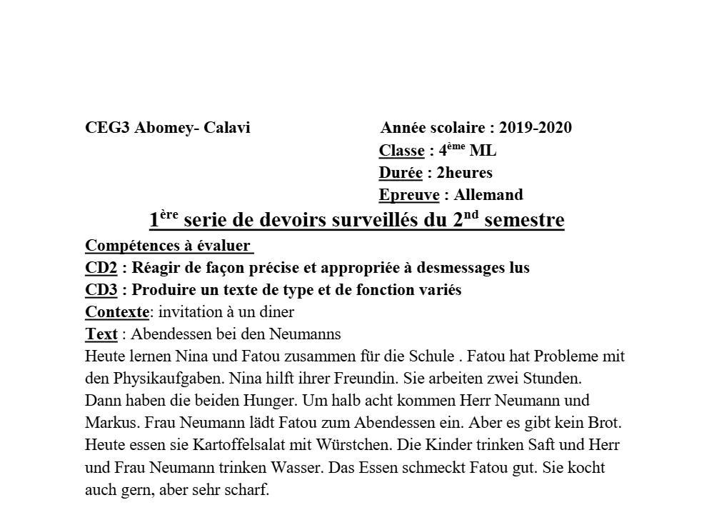 Aperçu de la première page — 4e Allemand 1er Devoir 2ème Semestre CEG3 Abomey Calavi 2019 2020