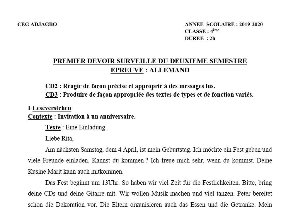 Aperçu de la première page — 4e Allemand 1er Devoir 2ème Semestre CEG Adjagbo 2019 2020