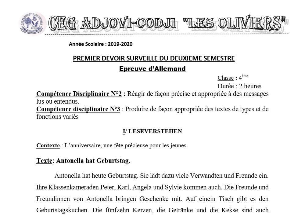 Aperçu de la première page — 4e Allemand 1er Devoir 2ème Semestre CEG Adjovi Codji 2019 2020