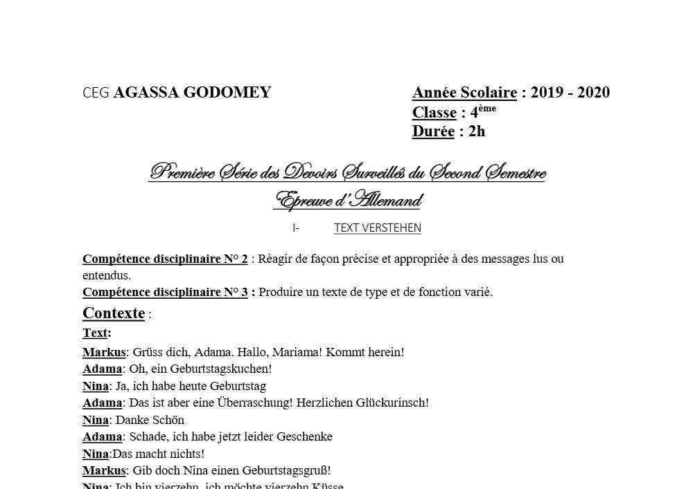 Aperçu de la première page — 4e Allemand 1er Devoir 2ème Semestre CEG Agassa Godomey 2019 2020