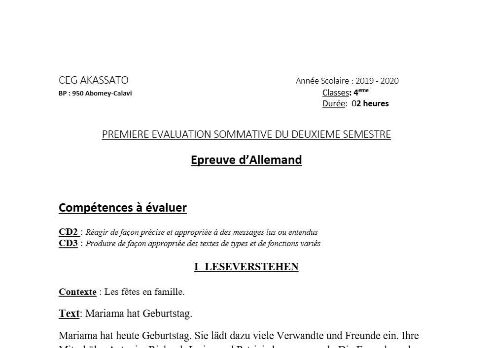 Aperçu de la première page — 4e Allemand 1er Devoir 2ème Semestre CEG Akassato 2019 2020