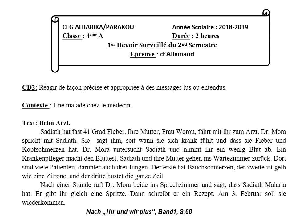 Aperçu de la première page — 4e Allemand 1er Devoir 2ème Semestre CEG Albarika 2018 2019