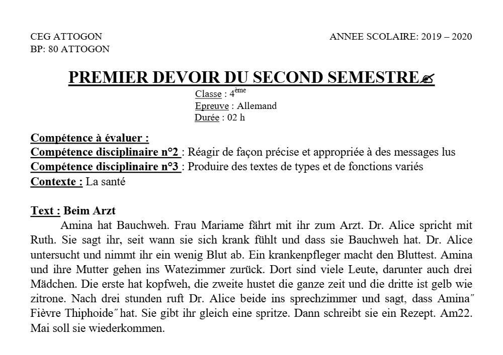 Aperçu de la première page — 4e Allemand 1er Devoir 2ème Semestre CEG Attogon 2019 2020