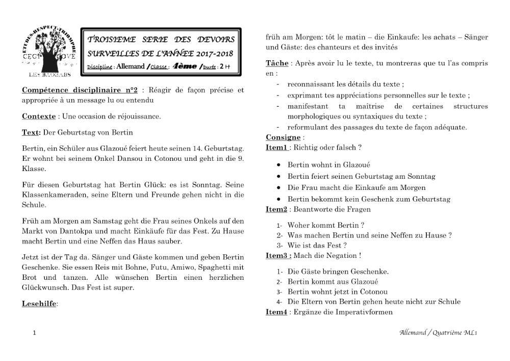 Aperçu de la première page — 4e Allemand 1er Devoir 2ème Semestre CEG Cove 2017 2018