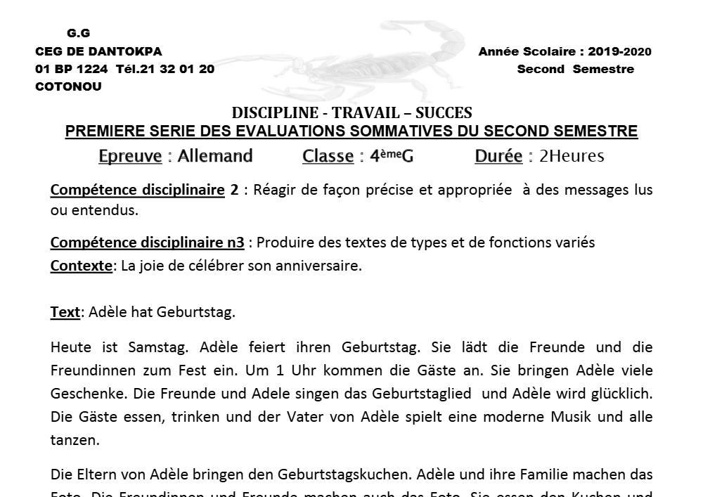 Aperçu de la première page — 4e Allemand 1er Devoir 2ème Semestre CEG Dantokpa 2019 2020 (2)