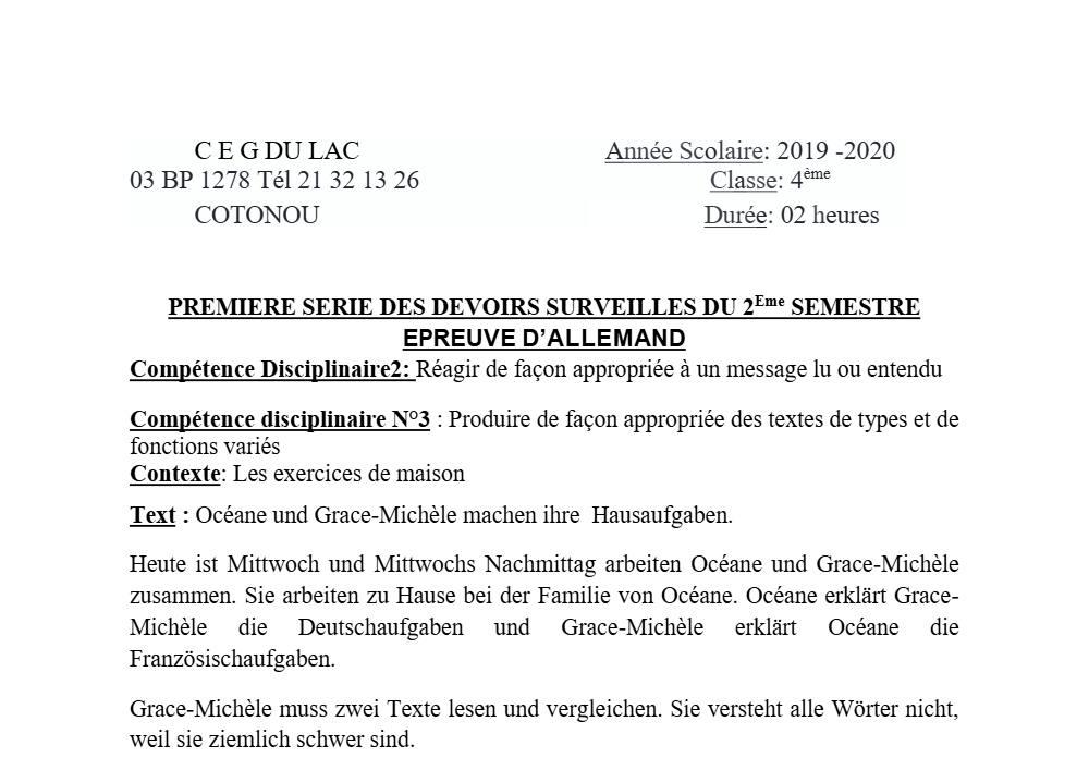 Aperçu de la première page — 4e Allemand 1er Devoir 2ème Semestre CEG du Lac 2019 2020