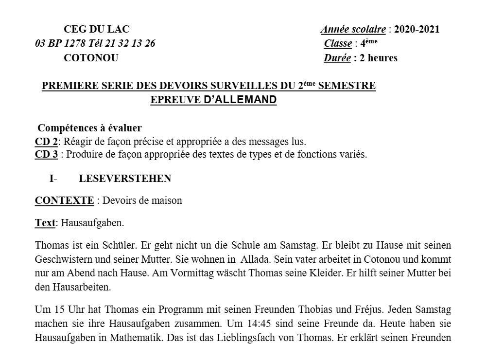 Aperçu de la première page — 4e Allemand 1er Devoir 2ème Semestre CEG du Lac 2020 2021