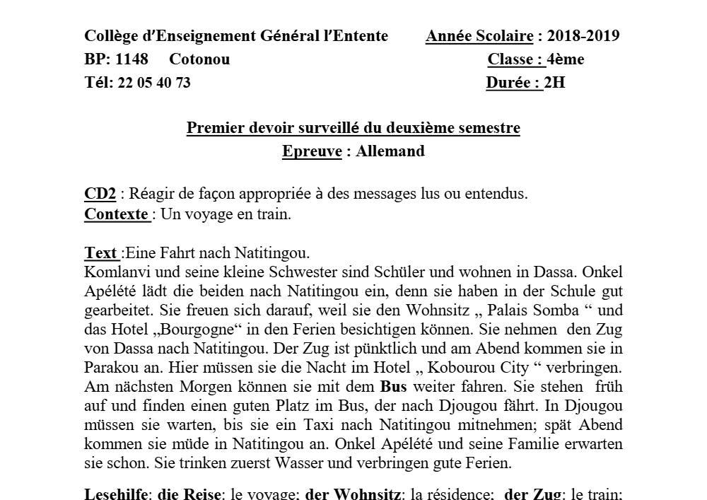 Aperçu de la première page — 4e Allemand 1er Devoir 2ème Semestre CEG Entente 2018 2019