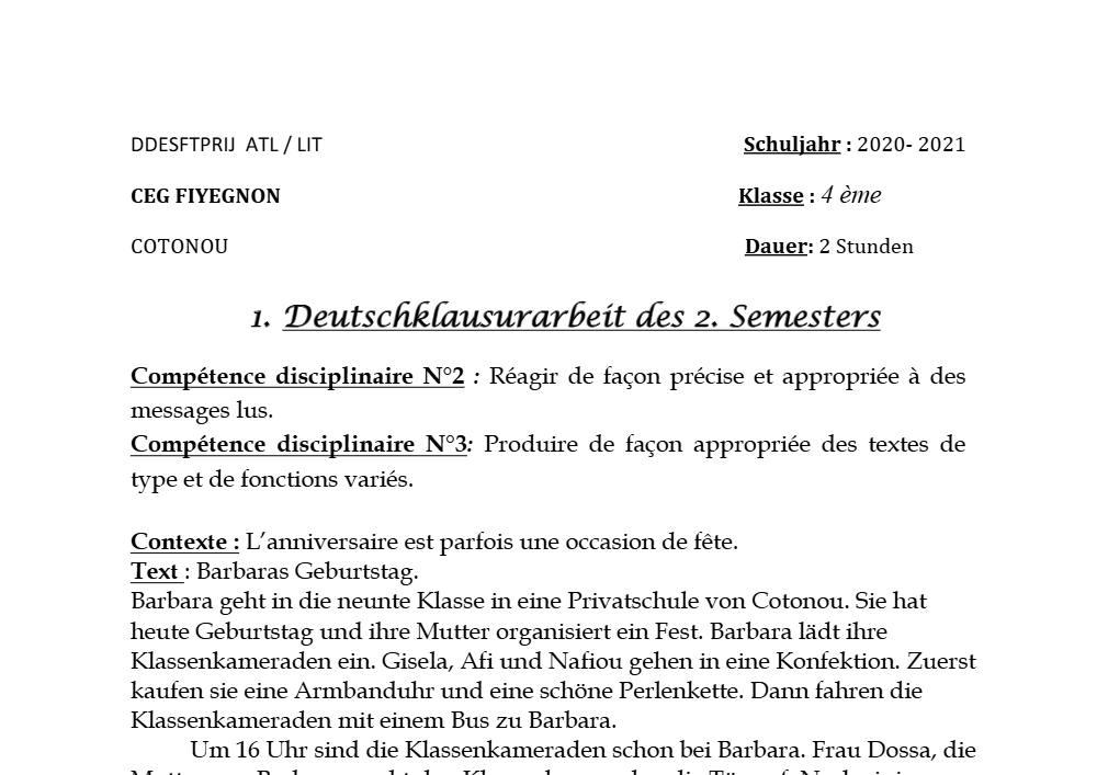 Aperçu de la première page — 4e Allemand 1er Devoir 2ème Semestre CEG Fiyegnon 2020 2021