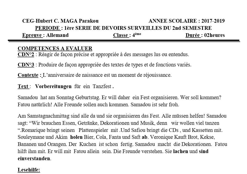 Aperçu de la première page — 4e Allemand 1er Devoir 2ème Semestre CEG Hubert C Maga 2018 2019