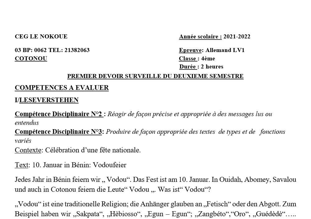 Aperçu de la première page — 4e Allemand 1er Devoir 2ème Semestre CEG Le Nokoué 2021 2022