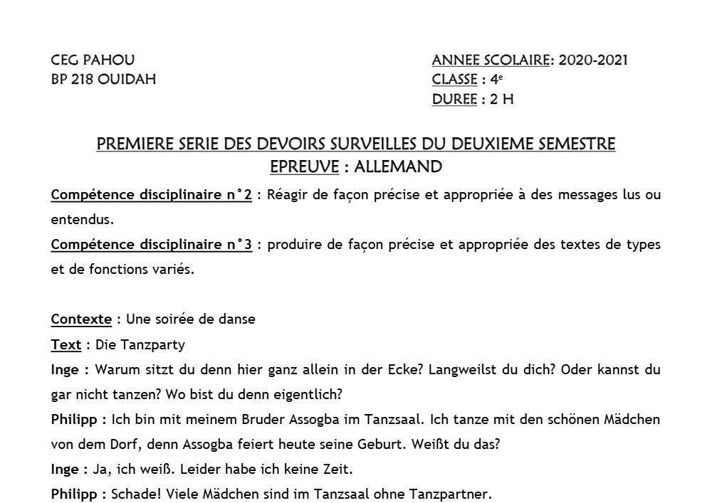 Aperçu de la première page — 4e Allemand 1er Devoir 2ème Semestre CEG Pahou 2020 2021