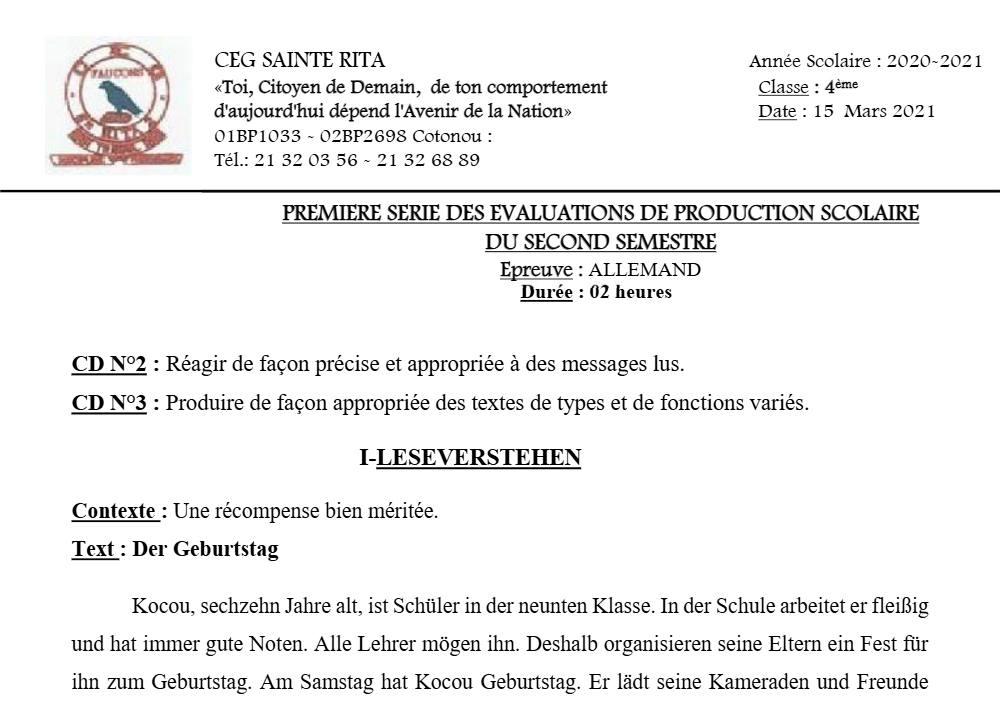 Aperçu de la première page — 4e Allemand 1er Devoir 2ème Semestre CEG Sainte Rita 2020 2021