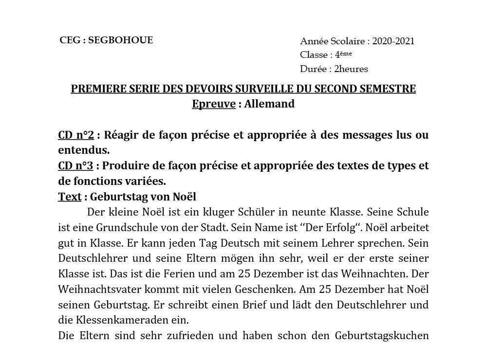 Aperçu de la première page — 4e Allemand 1er Devoir 2ème Semestre CEG Segbohoue 2020 2021