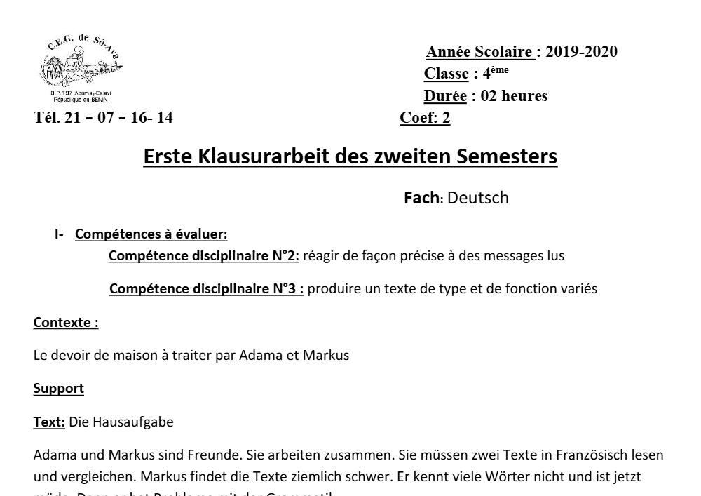 Aperçu de la première page — 4e Allemand 1er Devoir 2ème Semestre CEG So Ava 2019 2020