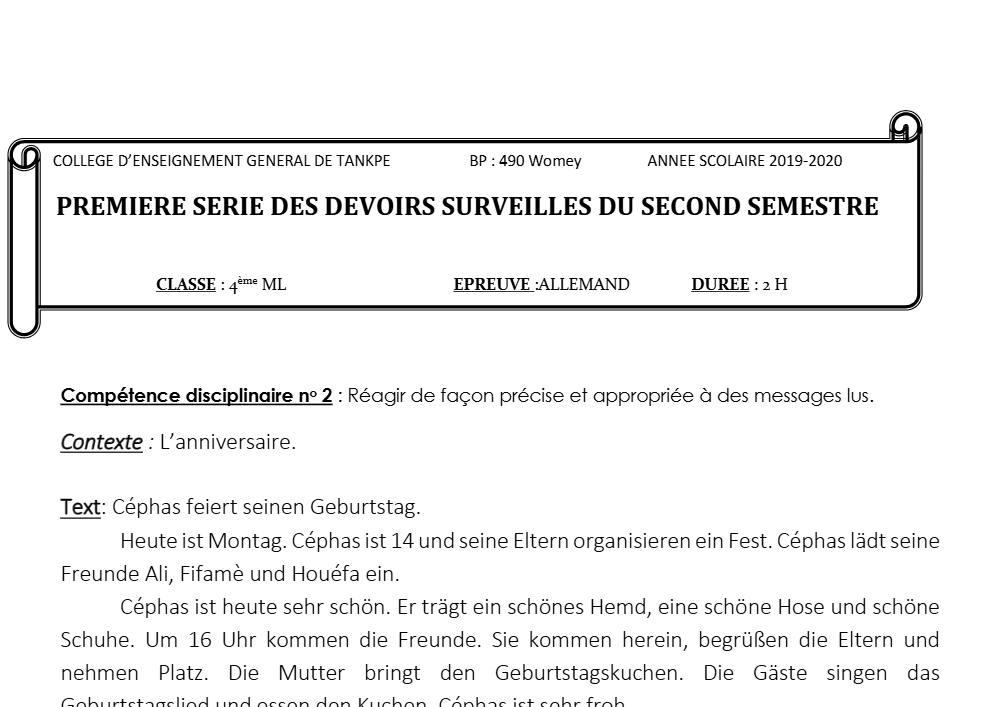 Aperçu de la première page — 4e Allemand 1er Devoir 2ème Semestre CEG Tankpè 2019 2020