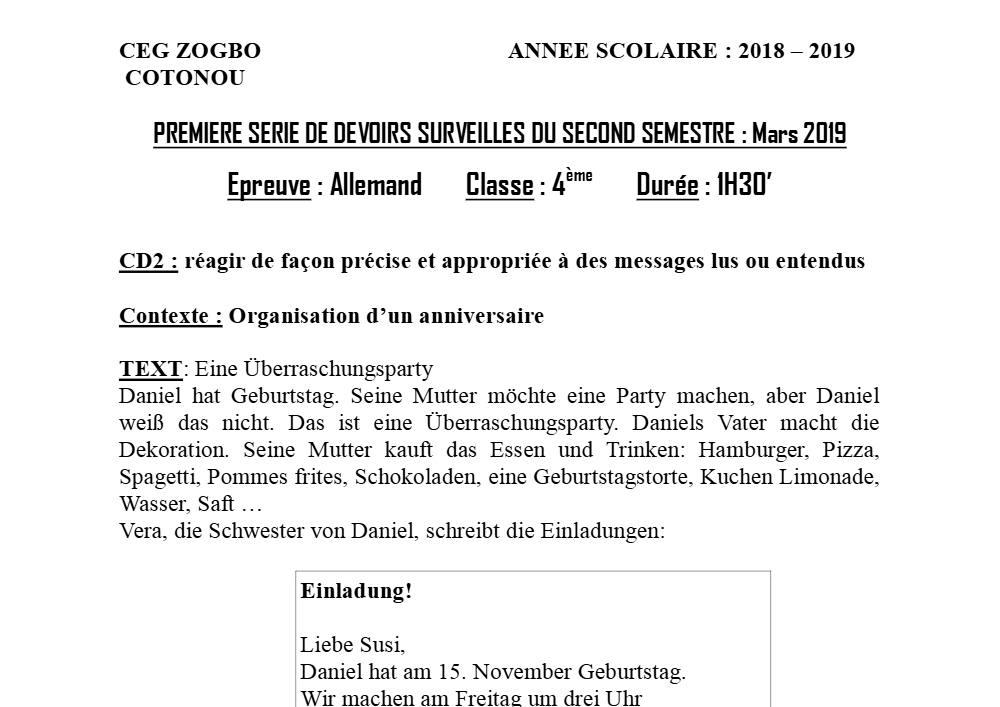 Aperçu de la première page — 4e Allemand 1er Devoir 2ème Semestre CEG Zogbo 2018 2019