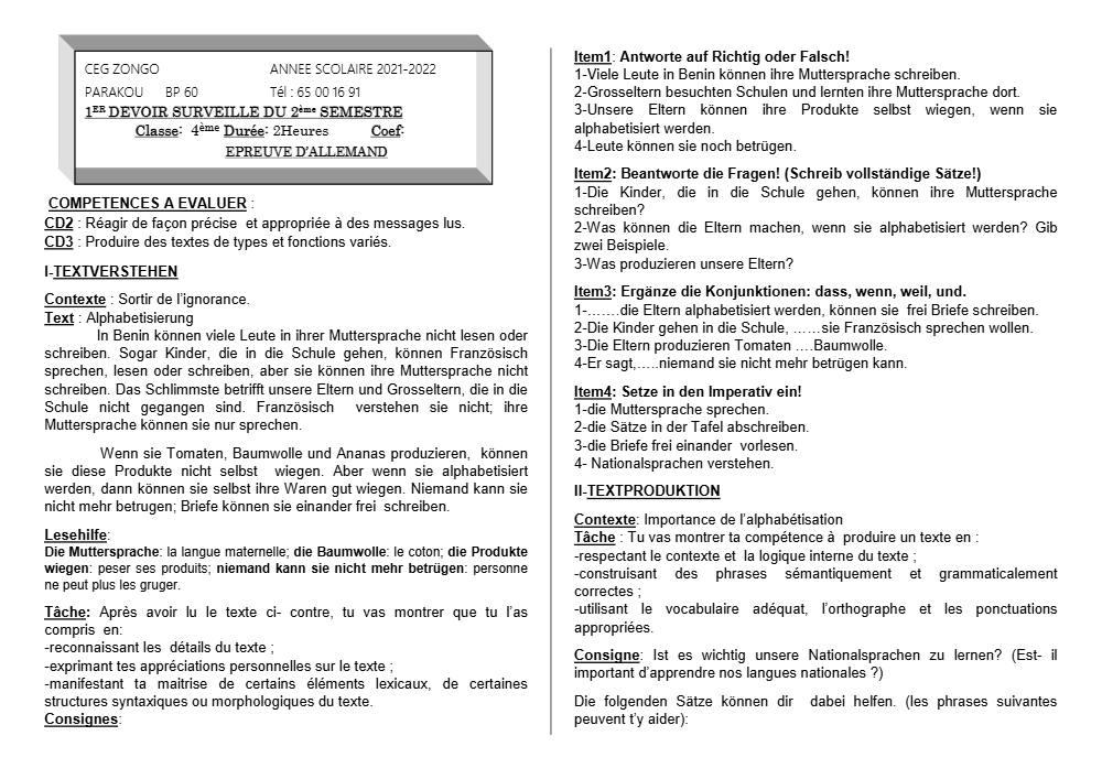 Aperçu de la première page — 4e Allemand 1er Devoir 2ème Semestre CEG Zongo 2021 2022