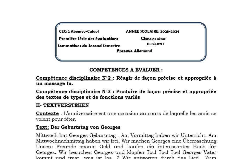 Aperçu de la première page — 4e Allemand 1er Devoir 2ème Semestre D'allemand CEG2 Abomey Calavi 2023 2024