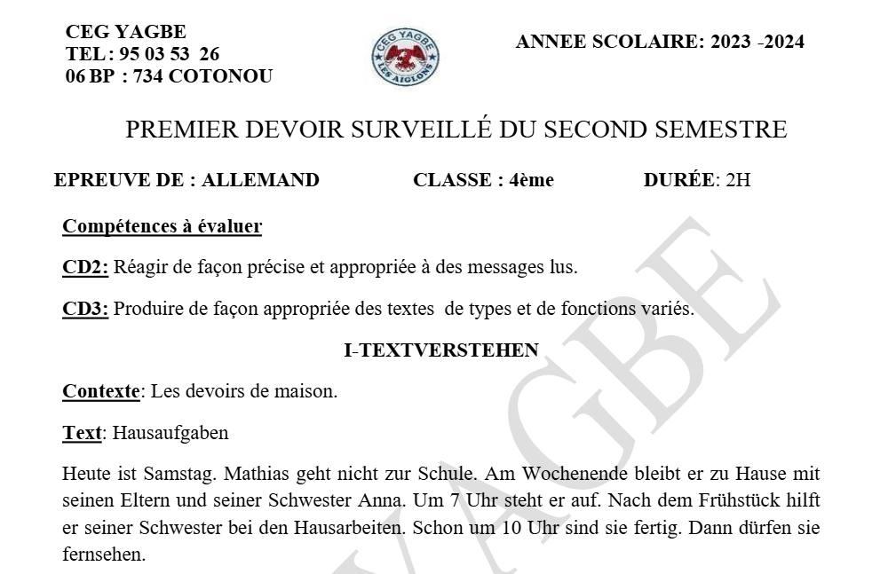 Aperçu de la première page — 4e Allemand 1er Devoir 2ème Semestre d'Allemand CEG Yagbe 2023 2024