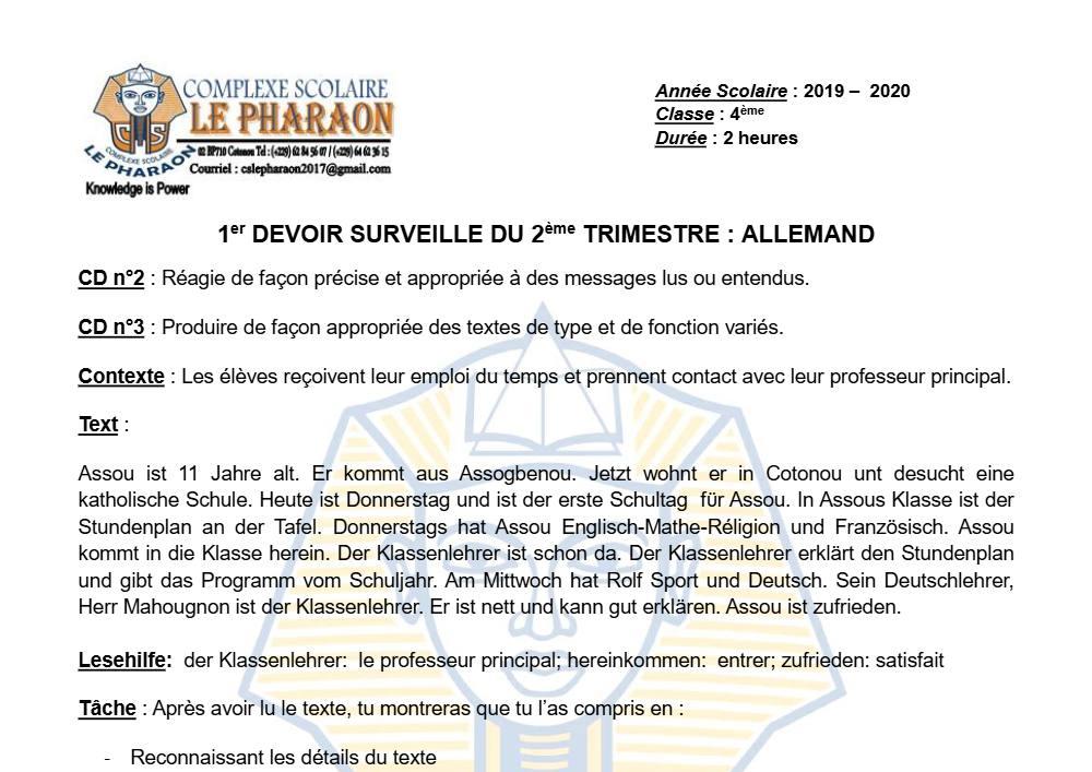 Aperçu de la première page — 4e Allemand 1er Devoir 2ème Trimestre CS Le Pharaon 2019 2020