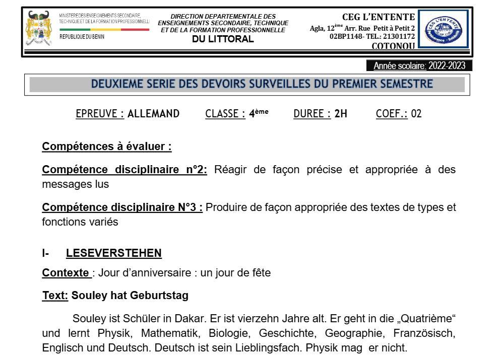 Aperçu de la première page — 4e Allemand 2ème Devoir 1er Semestre , CEG L'Entente 2022 2023