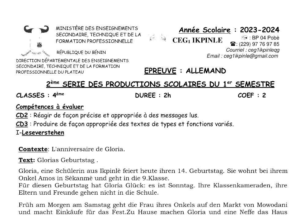 Aperçu de la première page — 4e Allemand 2ème Devoir 1er Semestre CEG1 Ikpinlè 2023 2024