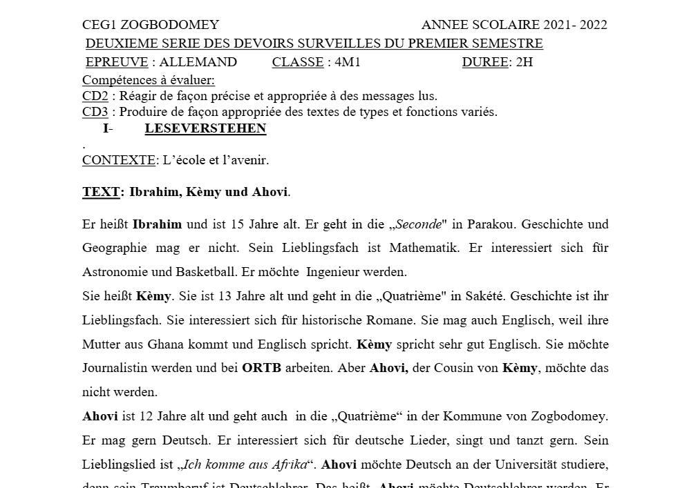 Aperçu de la première page — 4e Allemand 2ème Devoir 1er Semestre CEG1 Zogbodomey 2021 2022 (2)