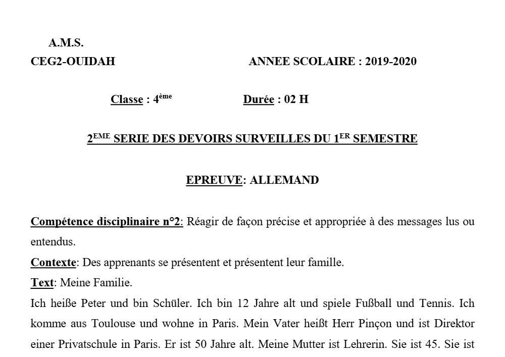 Aperçu de la première page — 4e Allemand 2ème Devoir 1er Semestre CEG2 Ouidah 2019 2020