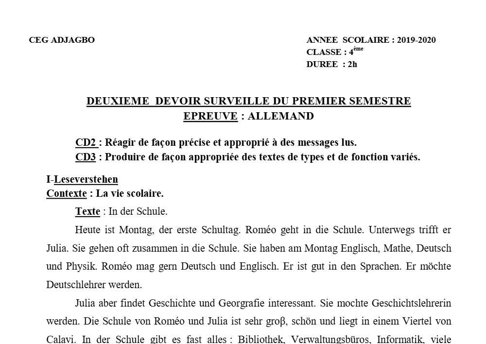 Aperçu de la première page — 4e Allemand 2ème Devoir 1er Semestre CEG Adjagbo 2019 2020