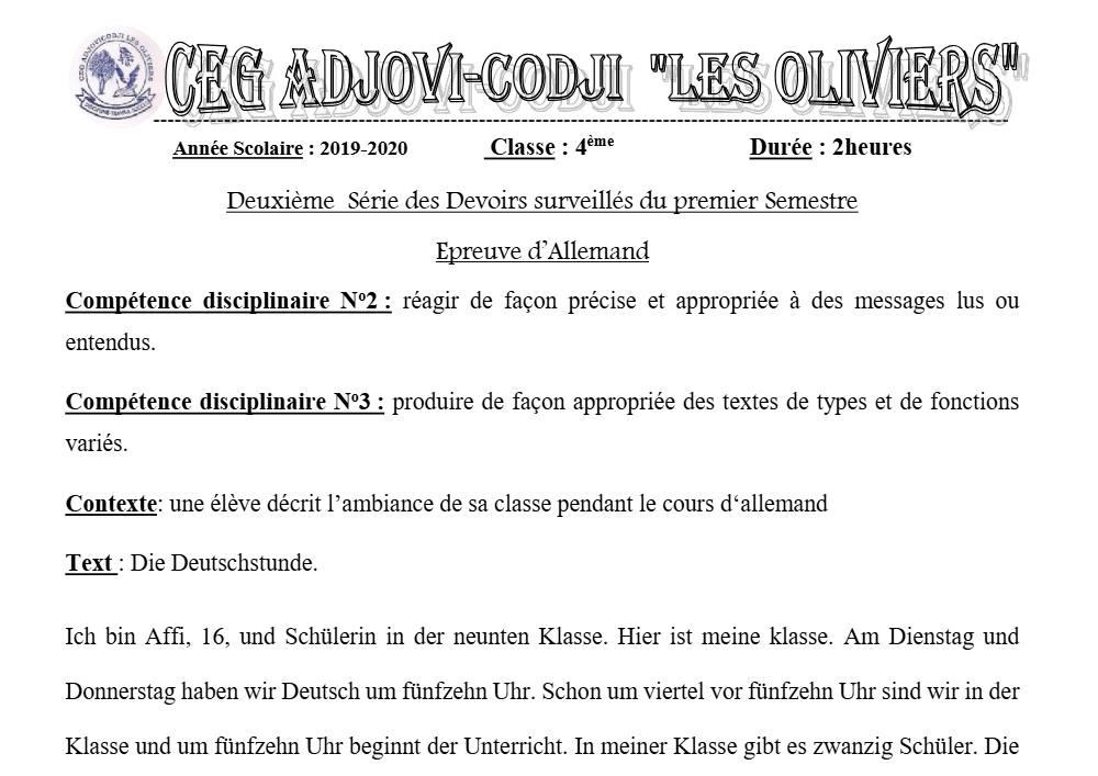 Aperçu de la première page — 4e Allemand 2ème Devoir 1er Semestre CEG Adjovi Codji 2019 2020