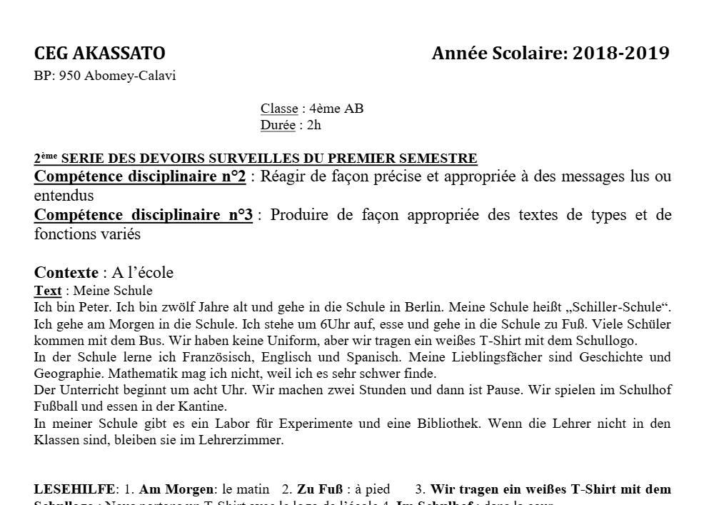 Aperçu de la première page — 4e Allemand 2ème Devoir 1er Semestre CEG Akassato 2018 2019
