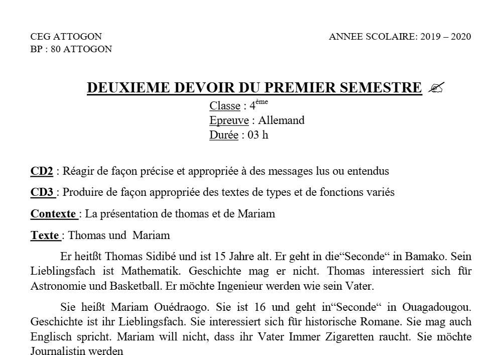 Aperçu de la première page — 4e Allemand 2ème Devoir 1er Semestre CEG Attogon 2019 2020
