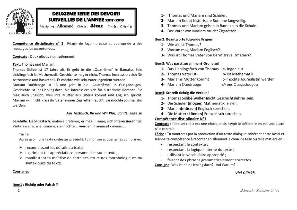 Aperçu de la première page — 4e Allemand 2ème Devoir 1er Semestre CEG Cove 2017 2018