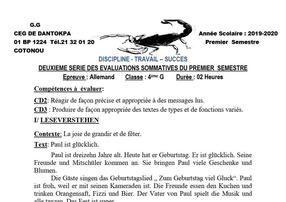 Aperçu de la première page — 4e Allemand 2ème Devoir 1er Semestre CEG Dantokpa 2019 2020 (2)