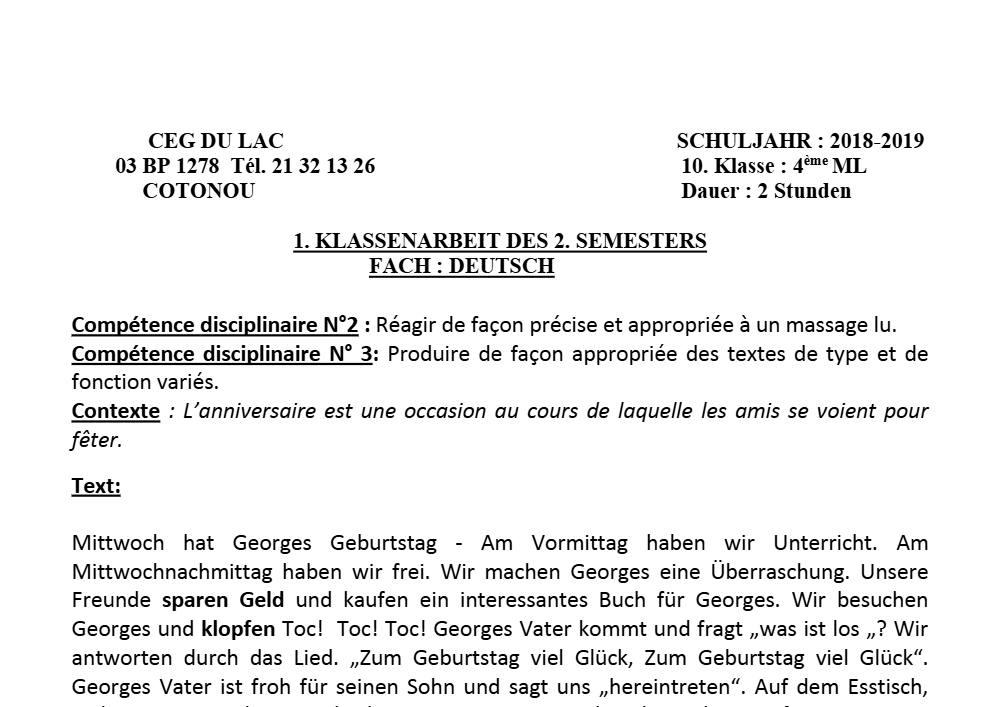 Aperçu de la première page — 4e Allemand 2ème Devoir 1er Semestre CEG du Lac 2018 2019