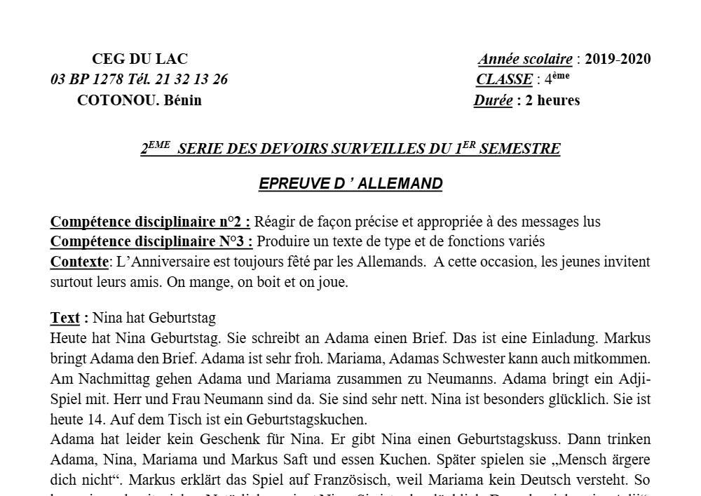Aperçu de la première page — 4e Allemand 2ème Devoir 1er Semestre CEG du Lac 2019 2020