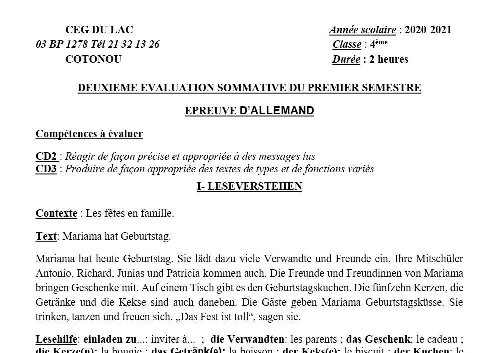 Aperçu de la première page — 4e Allemand 2ème Devoir 1er Semestre CEG du Lac 2020 2021