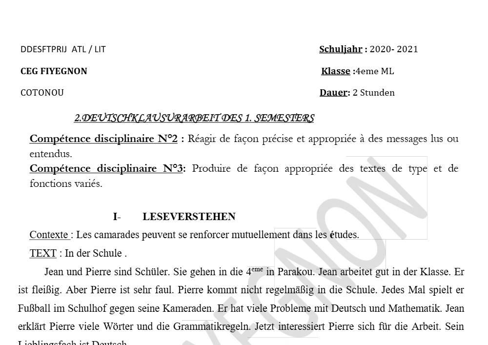 Aperçu de la première page — 4e Allemand 2ème Devoir 1er Semestre CEG Fiyegnon 2020 2021