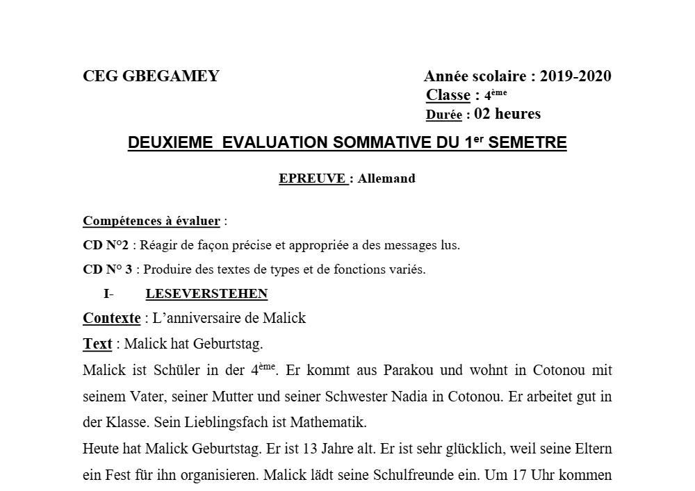 Aperçu de la première page — 4e Allemand 2ème Devoir 1er Semestre CEG Gbégamey 2019 2020