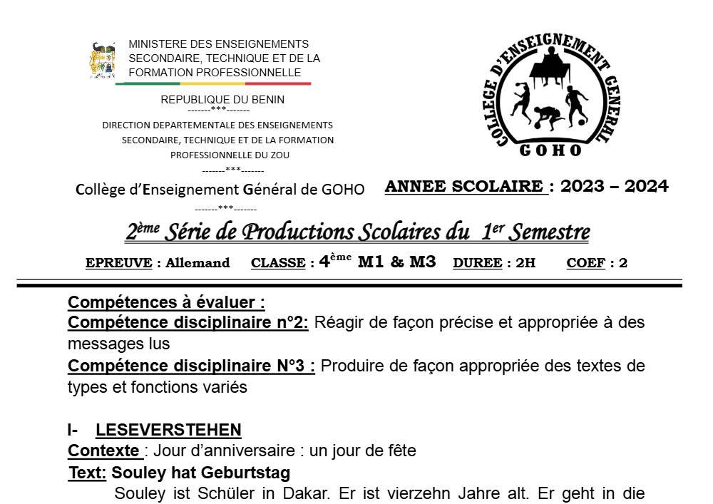 Aperçu de la première page — 4e Allemand 2ème Devoir 1er Semestre CEG Goho Abomey 2023 2024