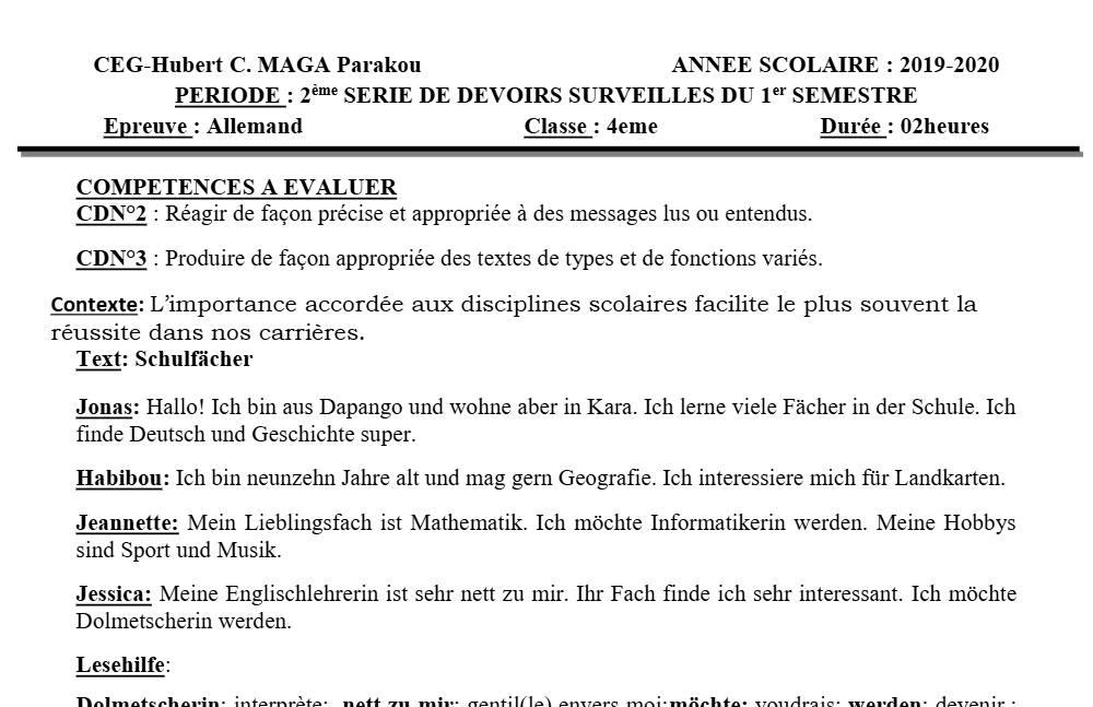 Aperçu de la première page — 4e Allemand 2ème Devoir 1er Semestre CEG Hubert C Maga 2019 2020