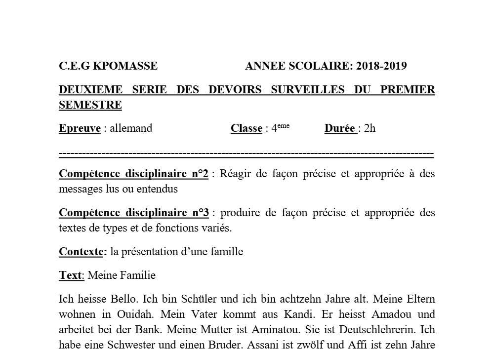 Aperçu de la première page — 4e Allemand 2ème Devoir 1er Semestre CEG Kpomasse 2018 2019