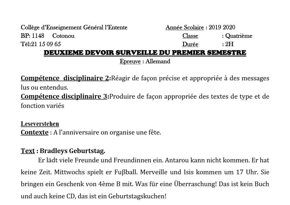 Aperçu de la première page — 4e Allemand 2ème Devoir 1er Semestre CEG L'Entente 2019 2020