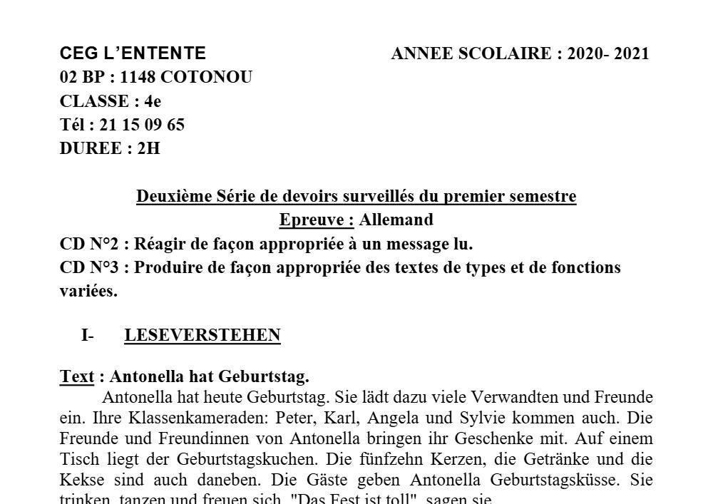 Aperçu de la première page — 4e Allemand 2ème Devoir 1er Semestre CEG L'Entente 2020 2021