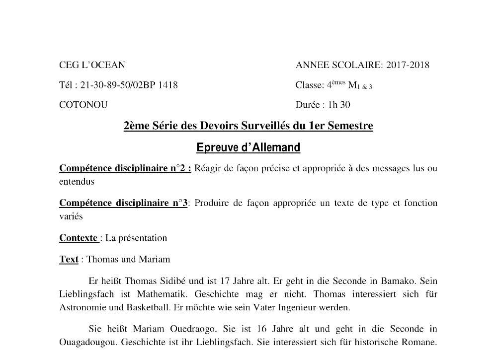 Aperçu de la première page — 4e Allemand 2ème Devoir 1er Semestre CEG Ocean 2017 2018